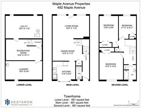 Floor plan for 3 beds, 2 baths